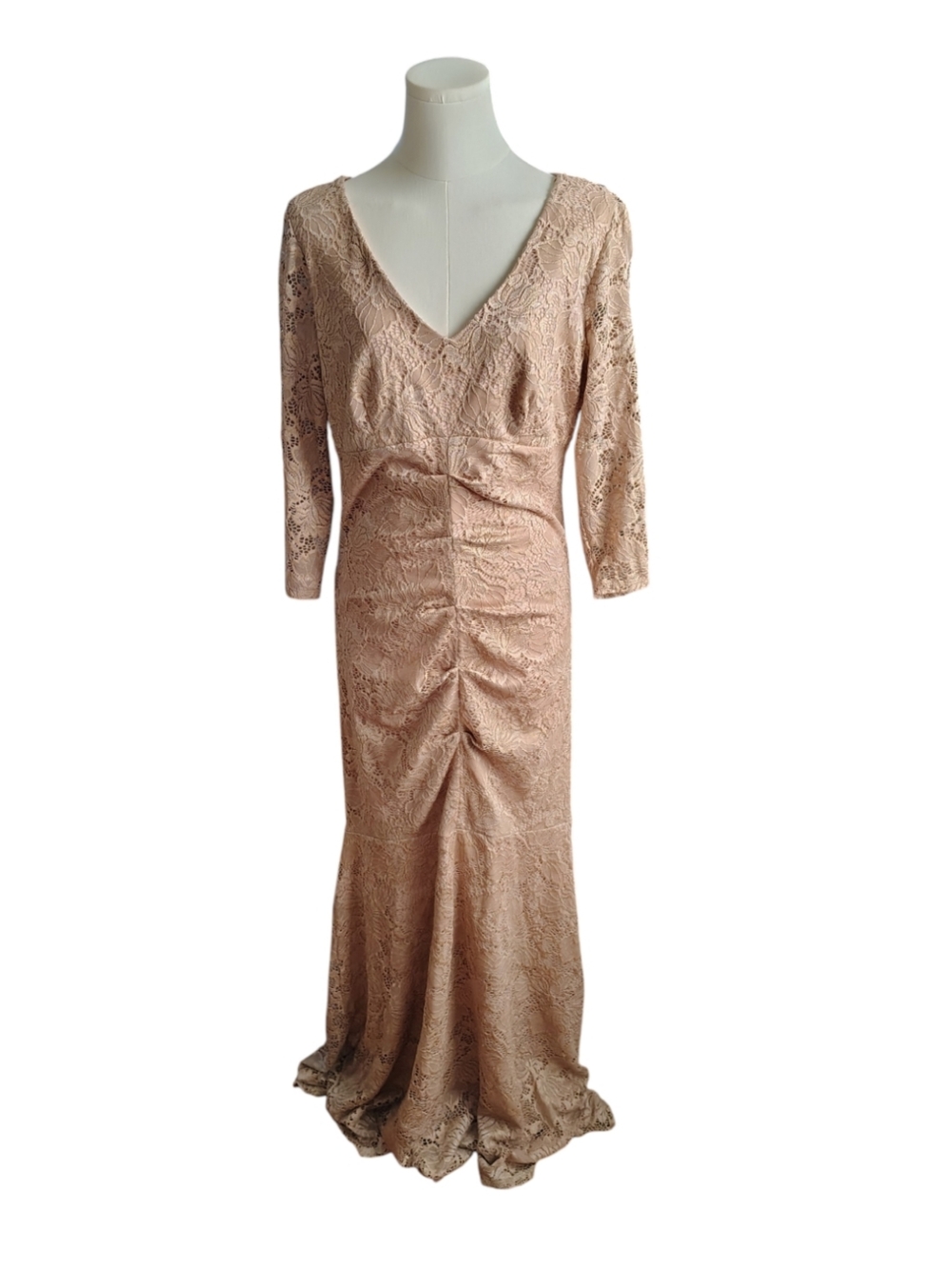 Marina Champagne Full Lace Floral Long Sleeve Cinched Formal Gown Size 12